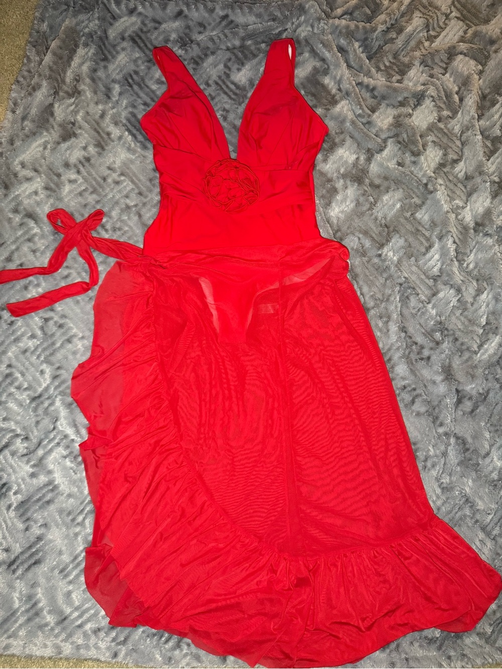 Rose Red V-Neck One Piece Swimsuit w/ Ruffle Skirt Sarong